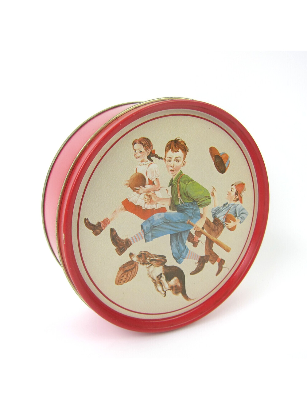 Vintage Norman Rockwell Round Metal Tin 6" Boys Girl Dog Running Baseball Red